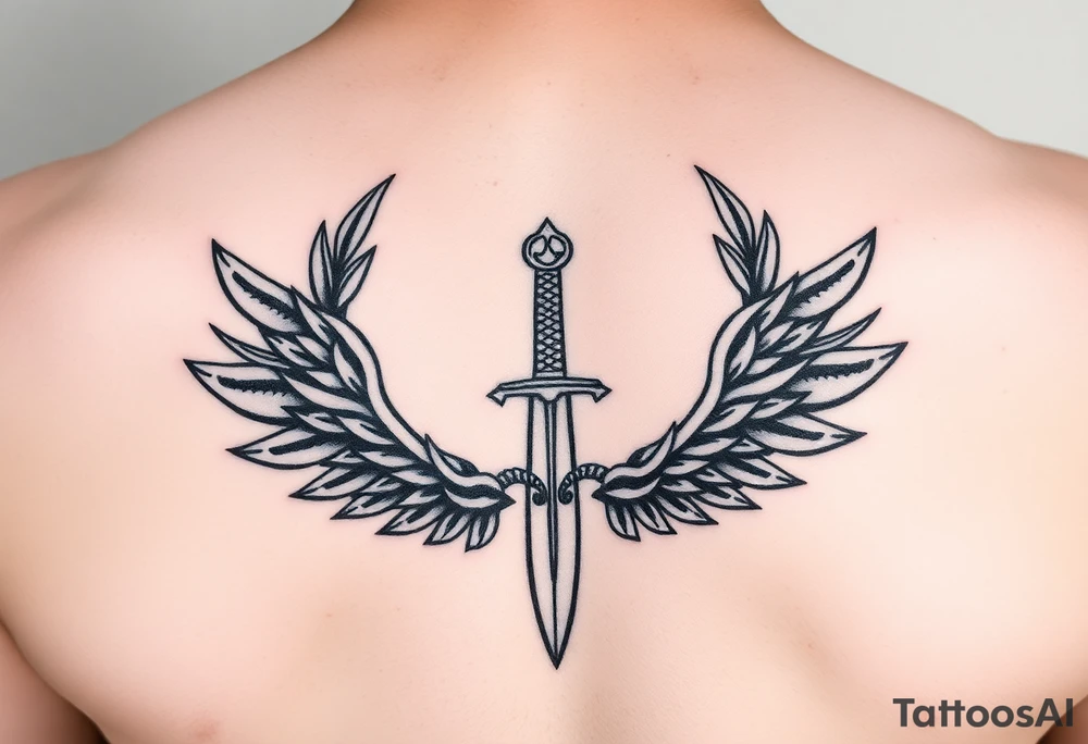 Laurel crown wreath surrounding sword and wings tattoo idea
