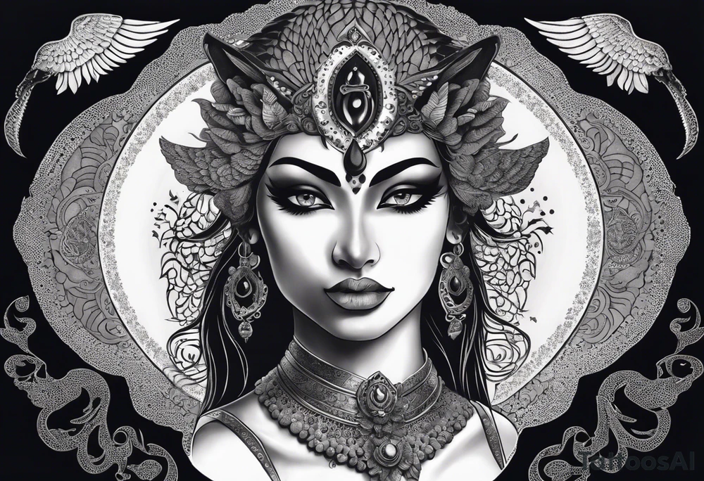 black kali, goddess pirate, alien, angel, pachamama, valkrye, warrior, flying, skull, lotus azul, wing, eagle, zenza resonance, stars, 5D, anahata chakra, death, durga, riding on a tiger, flying lady, kundalini, chest tatoo, samuri, rebel,s erpent tattoo idea