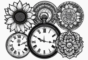 Sunflower, paisley, moon, 3 old fashioned pocket watches, witchy tattoo idea