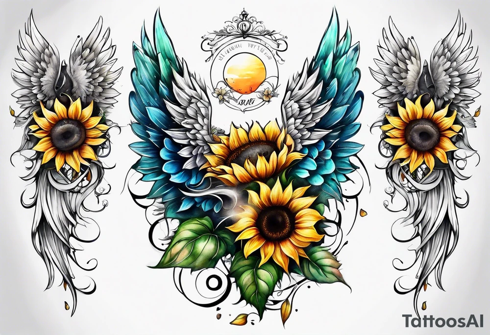 Sunflowers and angel wings leg sleeve tattoo idea