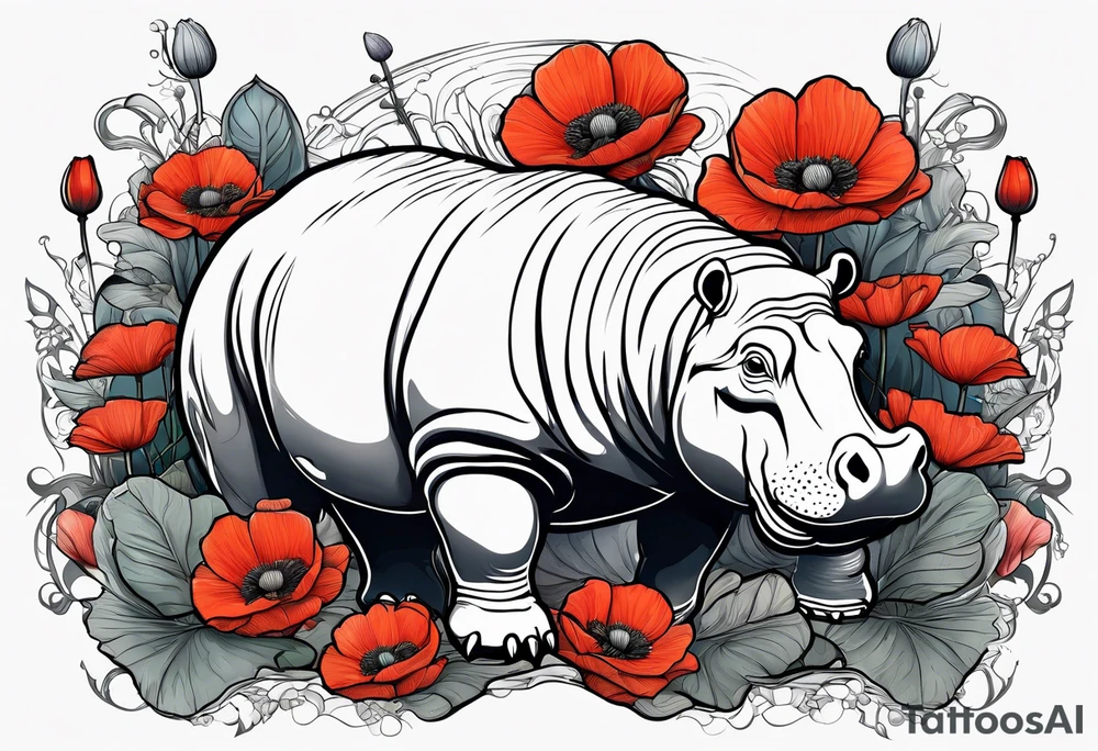 Hippopotamus, poppies, water lilies, tattoo idea