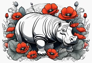 Hippopotamus, poppies, water lilies, tattoo idea