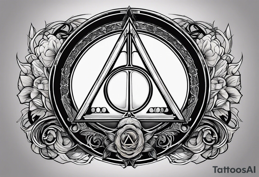 Deathly hallows symbol with Yoda lightsaber, Darth Vader lightsaber, ring of power in the middle tattoo idea