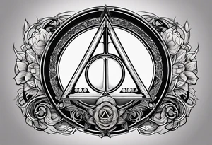 Deathly hallows symbol with Yoda lightsaber, Darth Vader lightsaber, ring of power in the middle tattoo idea
