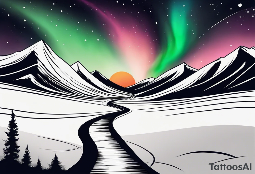 Design: A winding path leading toward a distant aurora in the sky, with soft waves of color representing the Northern Lights. Along the path, you could depict twilight slowly transitioning to dawn, symbolizing growth and progress. tattoo idea