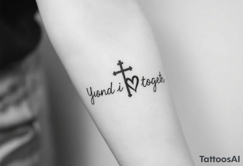 "You and I together" with a cross and a heart integrated into the design tattoo idea