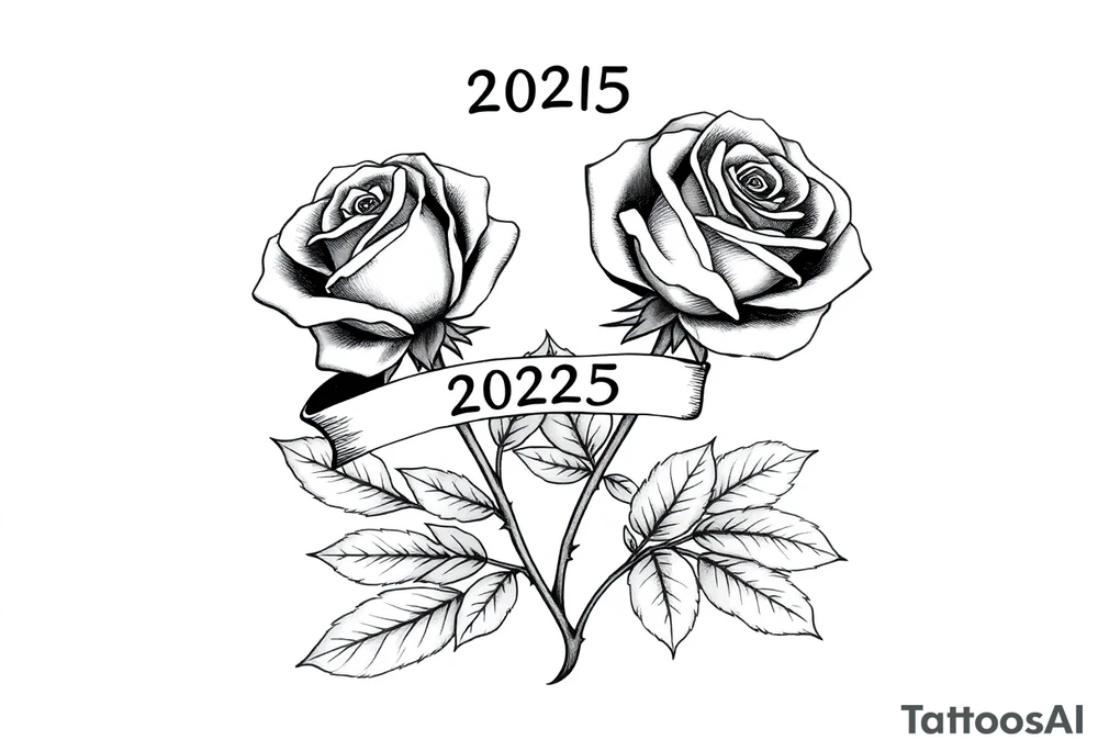 two beautiful large rose buds, one larger than the other, with many leaves and their stems intertwined, with one sitting higher than the other. Include a banner connecting the two roses with "2025" on it.  The word "Rose" written in Kanji above the drawing.  Use dark outlines with little shading. The two stems should connect and join into one stem, whimsically curved or twisted - not straight down. tattoo idea