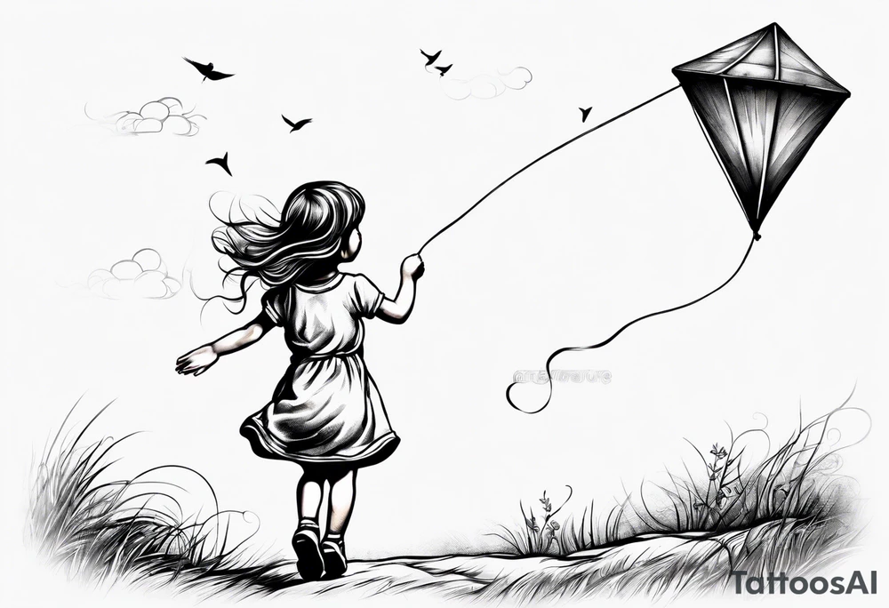 back image of a little girl flying a kite tattoo idea