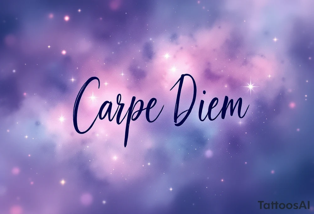 "Carpe Diem" in dark navy ink, placed over a soft watercolor galaxy in shades of purple and blue. tattoo idea