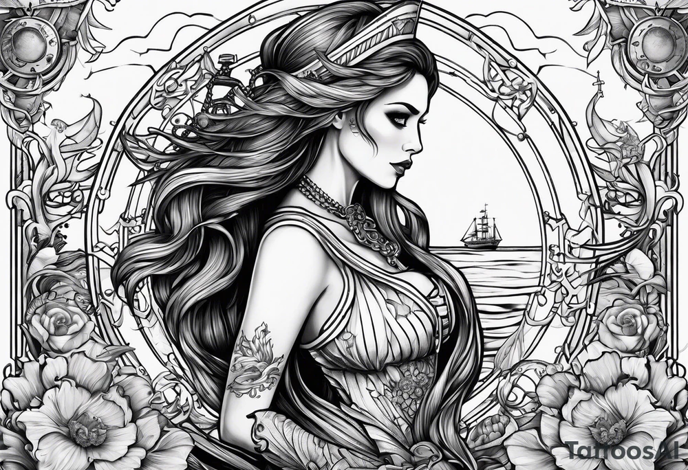 full sleeve skeleton sailor mermaid outline mechanical nautical tattoo idea