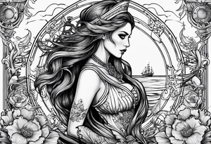 full sleeve skeleton sailor mermaid outline mechanical nautical tattoo idea
