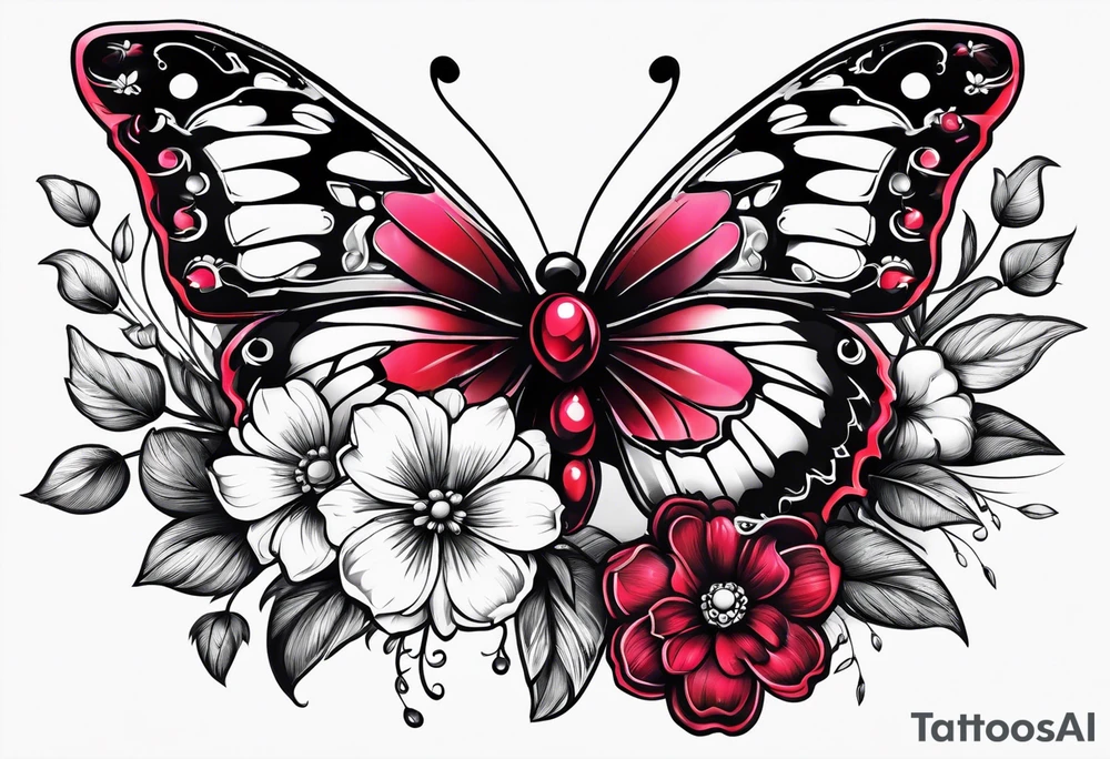 Flowers with Ruby and butterflies around it tattoo idea