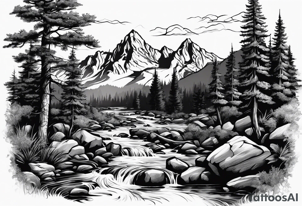 forrest 
river running through rocks and mountains 
open
realistic
less trees tattoo idea