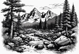 forrest 
river running through rocks and mountains 
open
realistic
less trees tattoo idea