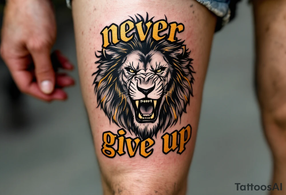A black and gold lion's face roaring above the words "never give up" in bold block letters. tattoo idea