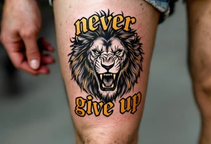 A black and gold lion's face roaring above the words "never give up" in bold block letters. tattoo idea
