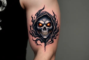 A Reaper with burning red eyes cloaked in black smoke with hints of orange fire. tattoo idea