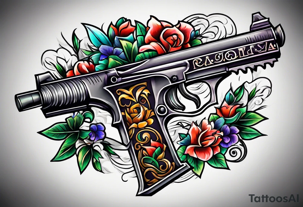 The letters AR with a pistol on each side and the word always on the top and ready on the bottom tattoo idea
