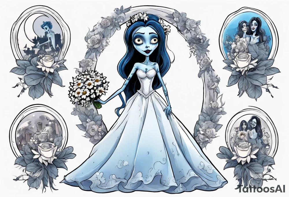 corpse bride Emily wearing a wedding dress she is holding a bouquet of flowers. one white daisy in the middle of the bouquet. one blue butterfly. A full moon on the background. full grown tattoo idea