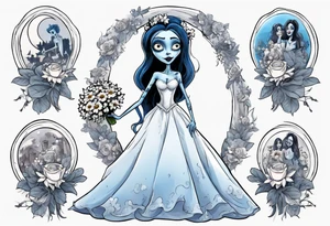 corpse bride Emily wearing a wedding dress she is holding a bouquet of flowers. one white daisy in the middle of the bouquet. one blue butterfly. A full moon on the background. full grown tattoo idea