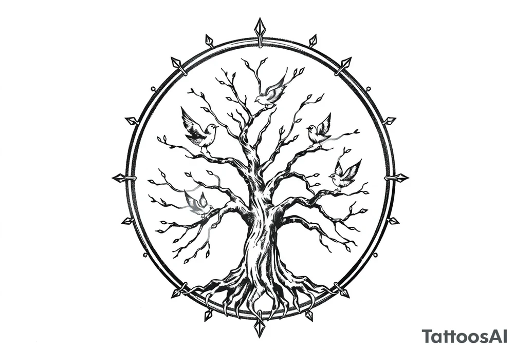 Tree of life in a broken circle with 5 birds flying out tattoo idea