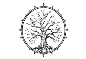 Tree of life in a broken circle with 5 birds flying out tattoo idea