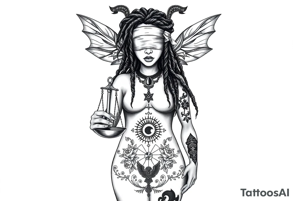 Black Sylph with dreads wearing blind fold and ankh pendant with tattoos holding libra weighing scales with the sun and moon rose vines surrounding and Anubis guarding tattoo idea