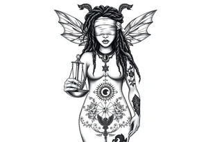 Black Sylph with dreads wearing blind fold and ankh pendant with tattoos holding libra weighing scales with the sun and moon rose vines surrounding and Anubis guarding tattoo idea