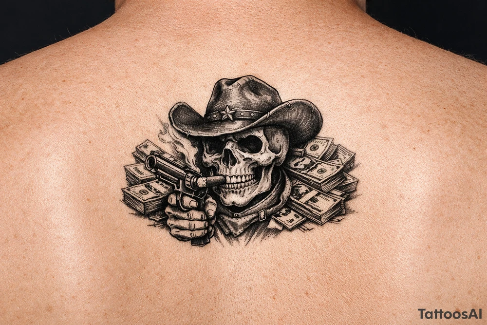 skull with cowboy-hat,cigar in his mouth and a gun in a hand surounded by money. tattoo idea