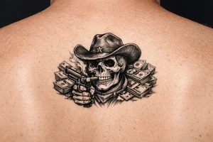 skull with cowboy-hat,cigar in his mouth and a gun in a hand surounded by money. tattoo idea