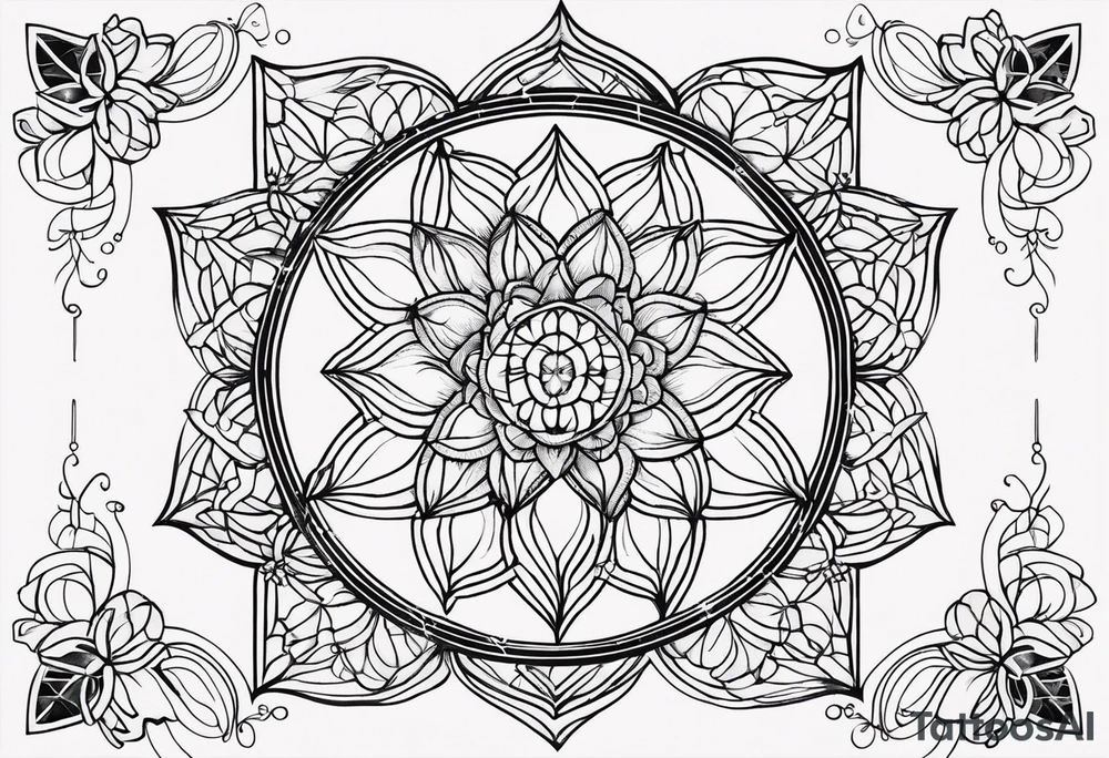 Black and white outline of sacred geometric shapes with fading flower of life and butterfly tattoo idea