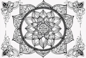 Black and white outline of sacred geometric shapes with fading flower of life and butterfly tattoo idea