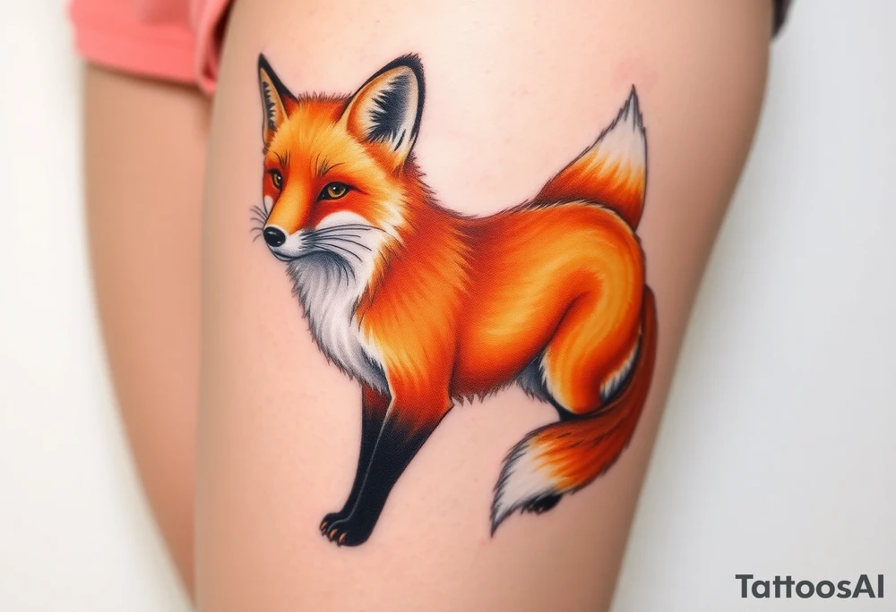 A gracefully detailed fox tattoo, with a rich, fiery orange coat transitioning into deep copper and golden highlights. The fox’s chest and tail tip are a soft, snowy white, blending seamlessly into the fur’s natural texture. Its piercing amber eyes. tattoo idea
