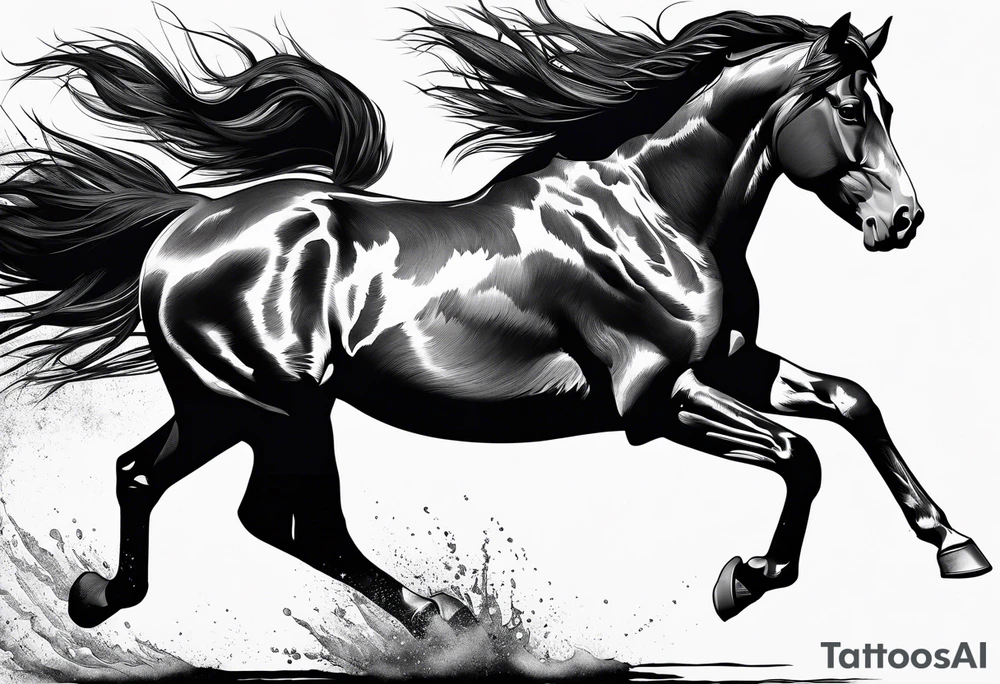 Mustang horse running along blood stomping tattoo idea