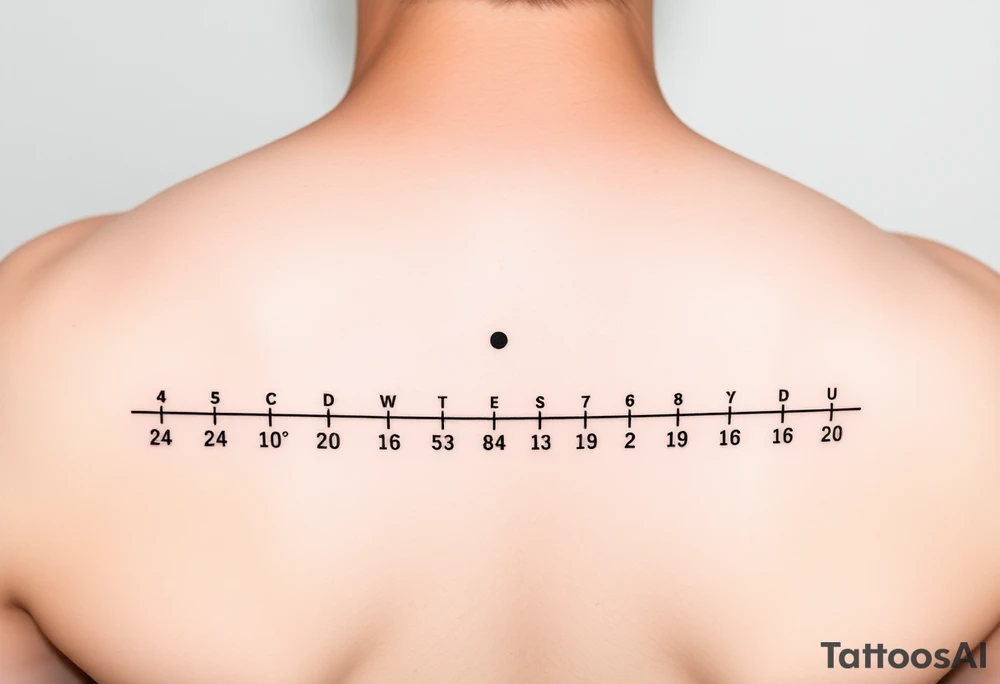 "24°10′N, 20°16′E". Below the second dot, write: "53.4084°N, 2.9916°W". Above each coordinate, place a small circle or marker dot to signify key points. Beneath the entire timeline, add a single row of visual Morse code symbols using only dots (●) and dashes (—), arranged like this: — ● — ●   ● —   ● — ●   — — —   ● — ● ●   ● ●   — ● ●   ● — tattoo idea