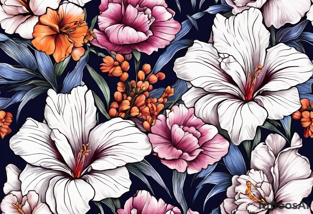 full sleeve of floral tattoo of purple gladiolus flower, pink peony, red hawthorn, orange marigold, navy blue sweet pea, and white paper white narcissus tattoo idea