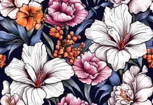 full sleeve of floral tattoo of purple gladiolus flower, pink peony, red hawthorn, orange marigold, navy blue sweet pea, and white paper white narcissus tattoo idea