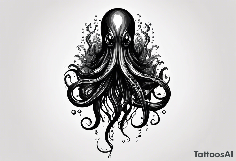 A visual representation of the horror squid concept, showing the squid becoming invisible in ink, its body turning black to blend in with its deep sea environment. The overall environment is dark, creating an eerie underwater atmosphere. tattoo idea