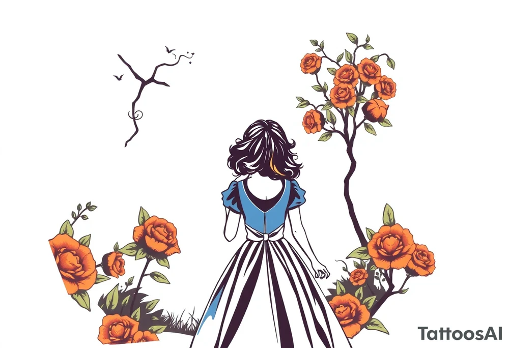 Alice in wonderland silhouette. Perspective from the back. She is entering a garden and seeing an orange tree. tattoo idea