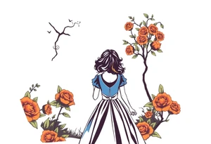 Alice in wonderland silhouette. Perspective from the back. She is entering a garden and seeing an orange tree. tattoo idea