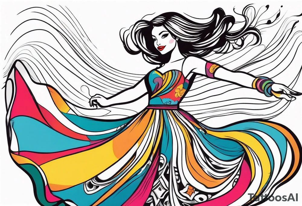 Girl twirling full body with flowing dress tattoo idea