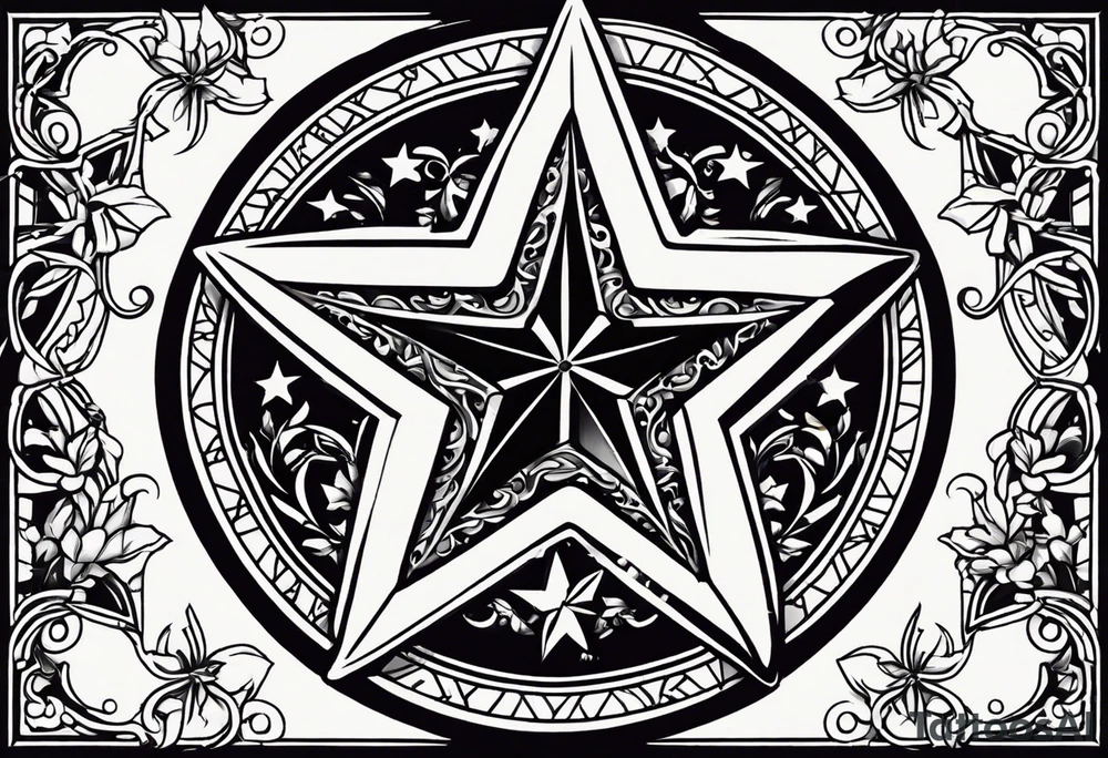 Half sleeve tattoo of the Texas star with a ring around it. Thick ivy in the background. Design bordered with thick lines on the top and bottom. Black with red highlights tattoo idea