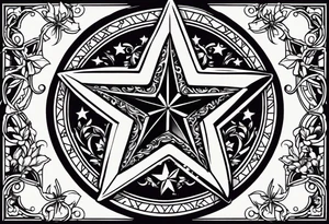 Half sleeve tattoo of the Texas star with a ring around it. Thick ivy in the background. Design bordered with thick lines on the top and bottom. Black with red highlights tattoo idea