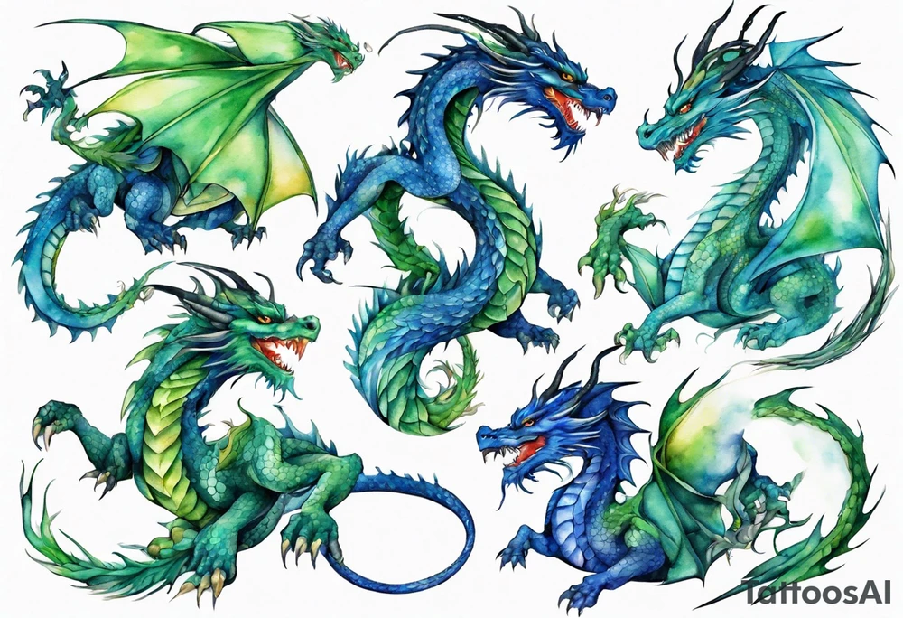 blue dragon tangled with a green dragon tattoo idea