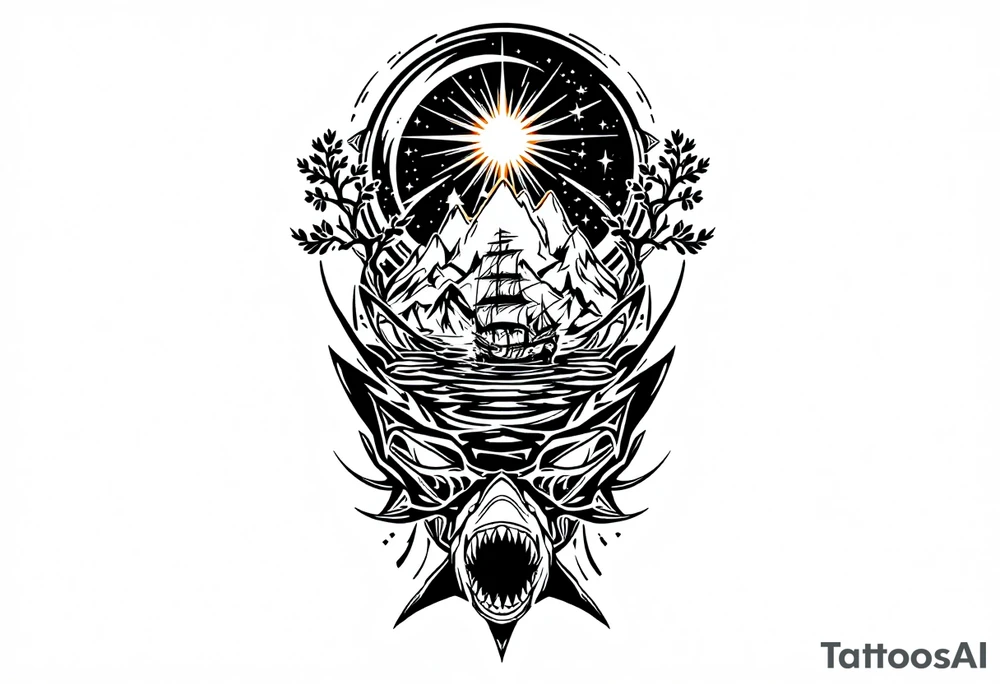 tattoo that has an acacia tree with mountains, ocean with a ship wreck with sharks and the bright northern star tattoo idea