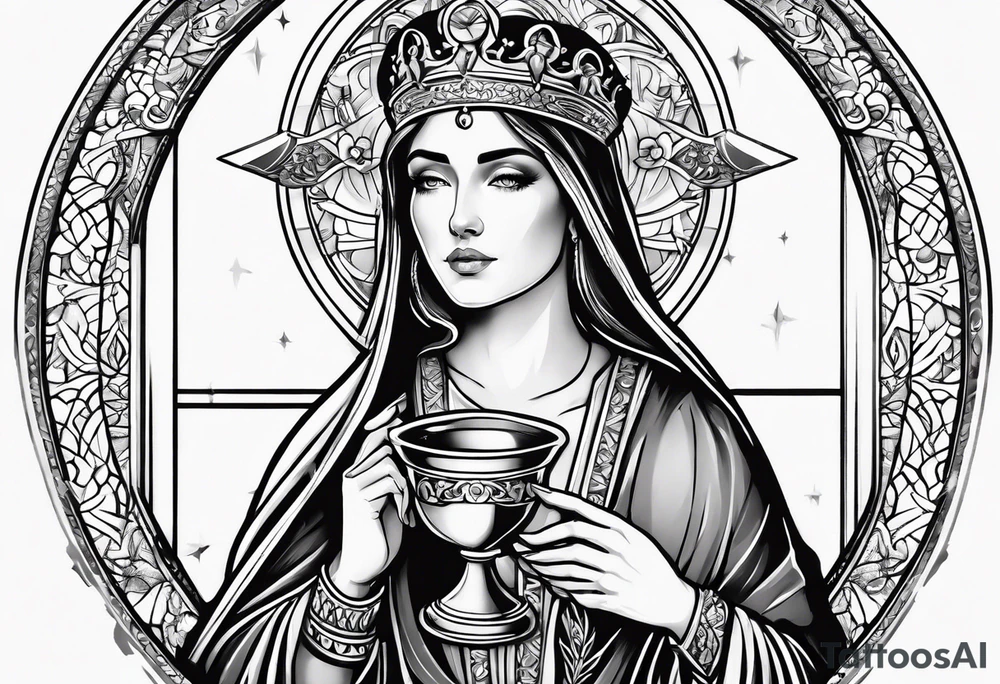 woman saint holding chalice surrounded by golden halo portrait tattoo idea