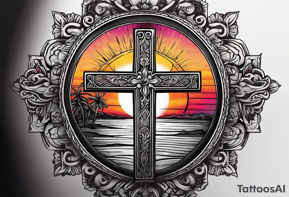 A cross with a ribbon around it with the text stay true to who you are with the colors of a sunset fading out from behind it tattoo idea