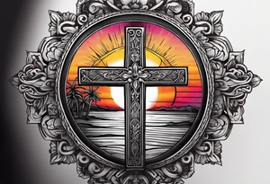 A cross with a ribbon around it with the text stay true to who you are with the colors of a sunset fading out from behind it tattoo idea