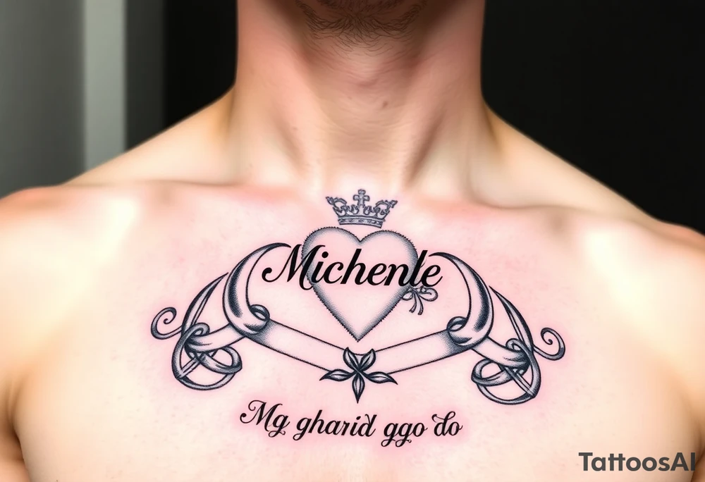 Claddagh placed on a man’s chest. Name Michelle placed between the heart and the crown. Irish rose and Celtic knot incorporated into the design. Mo ghrá go deo written at the very bottom. tattoo idea