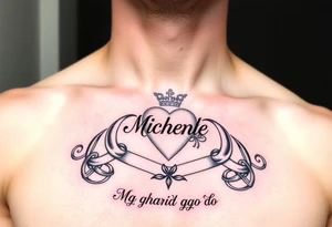 Claddagh placed on a man’s chest. Name Michelle placed between the heart and the crown. Irish rose and Celtic knot incorporated into the design. Mo ghrá go deo written at the very bottom. tattoo idea